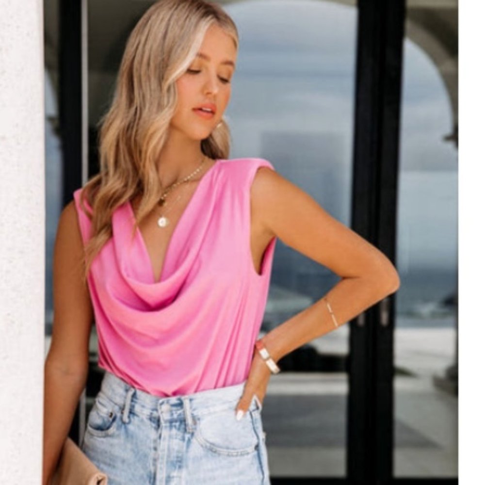 NWT VICI Dearie Cowl Neck Padded Shoulder Pink Bodysuit